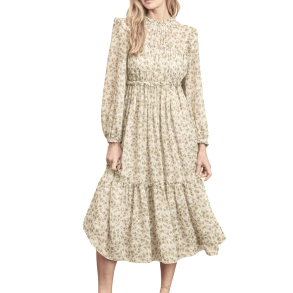 Dress Forum Nwot Los Angeles Ivory/Tiny Green Roses Longsleeve Tiered Midi Dress